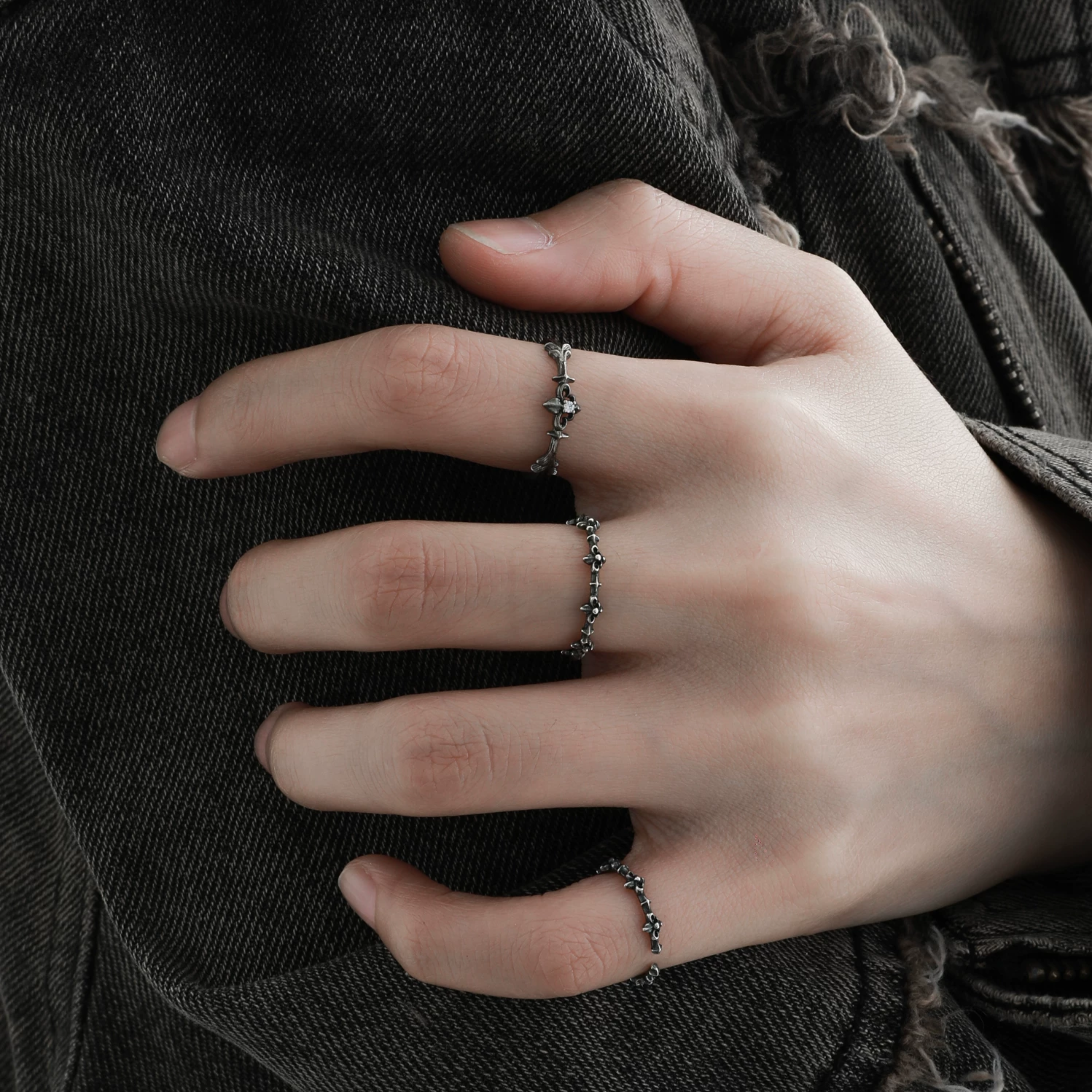 S925 CUBIC ZIRCONIA GOTHIC NOIR RING[SET ITEM]