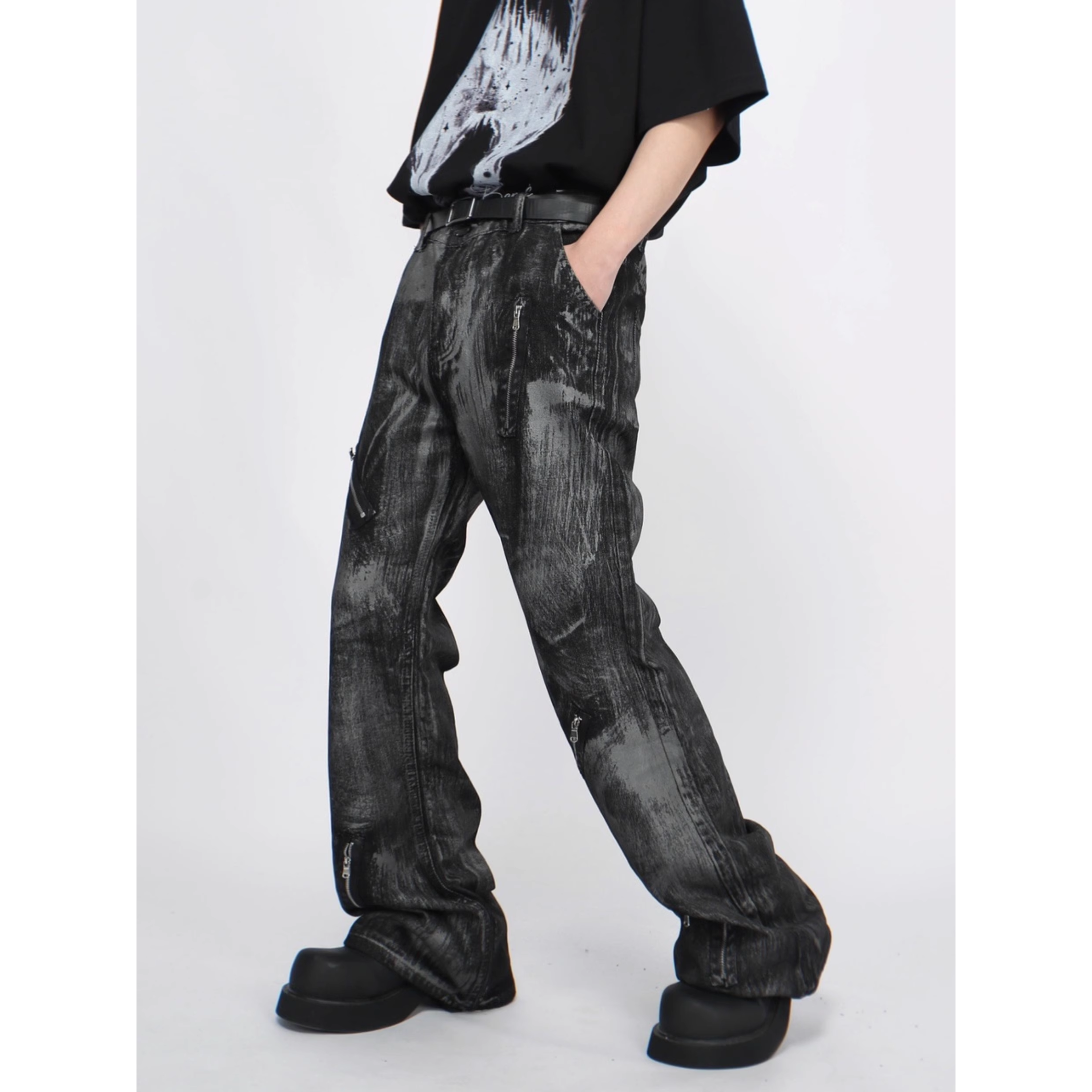Distressed Zip Detail Grunge Denim Pants