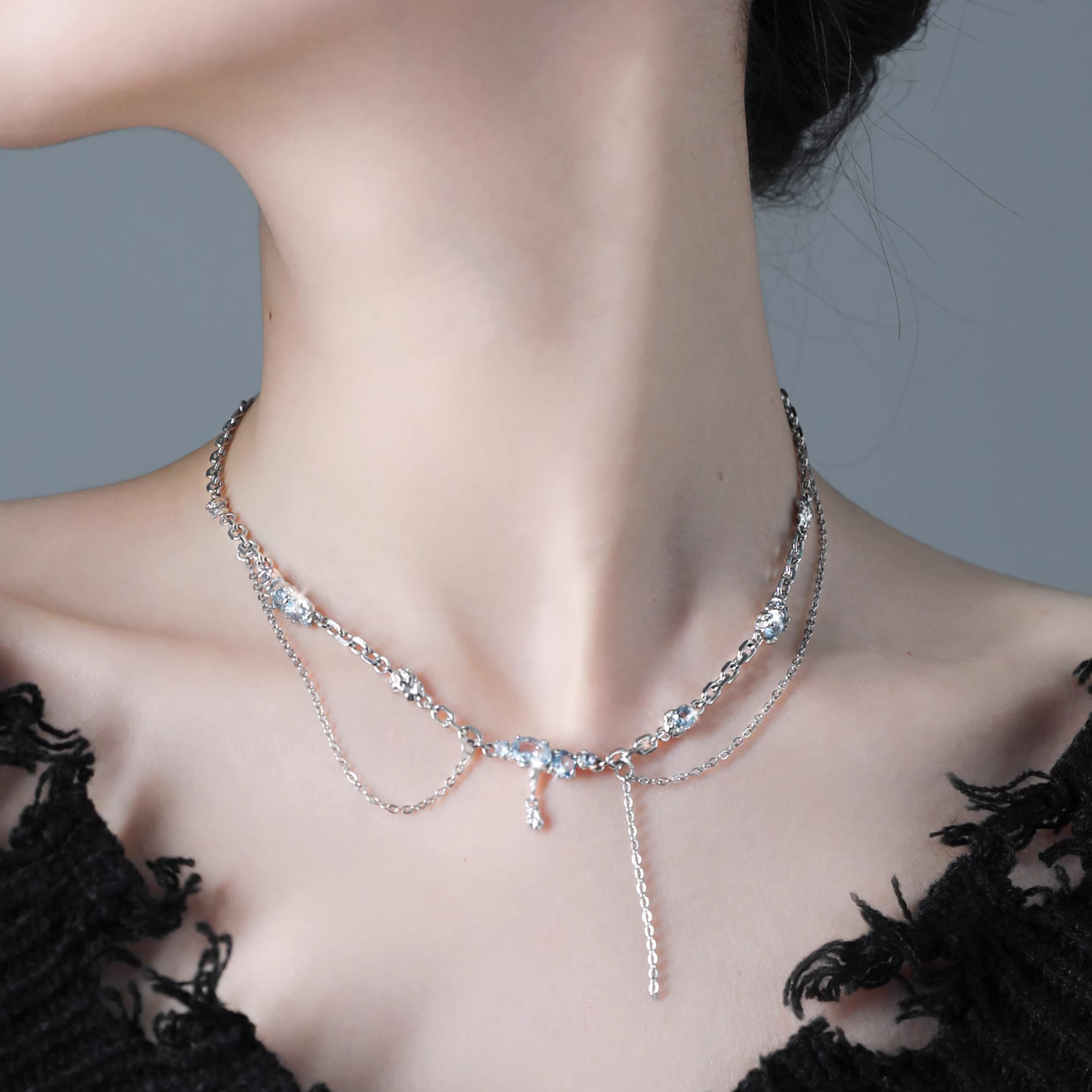 CUBIC ZIRCONIA AQUA LUNE NECKLACE[SET ITEM]