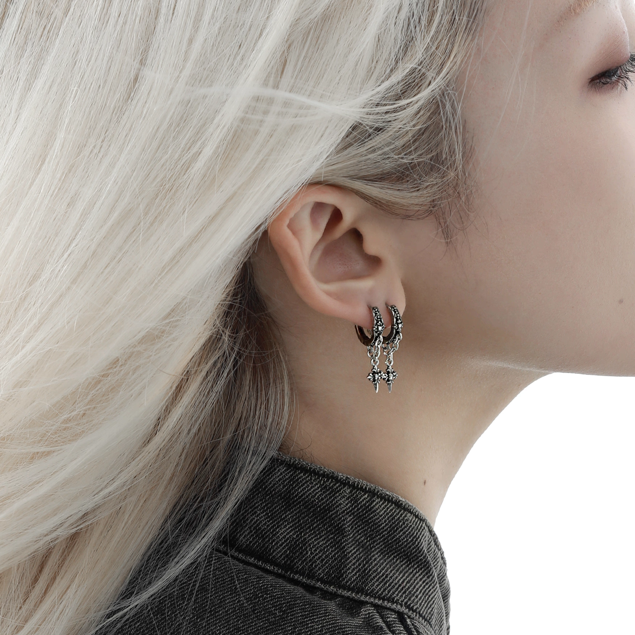 S925 CRUCIFIX DROP HOOPS PIERCE[SET ITEM]