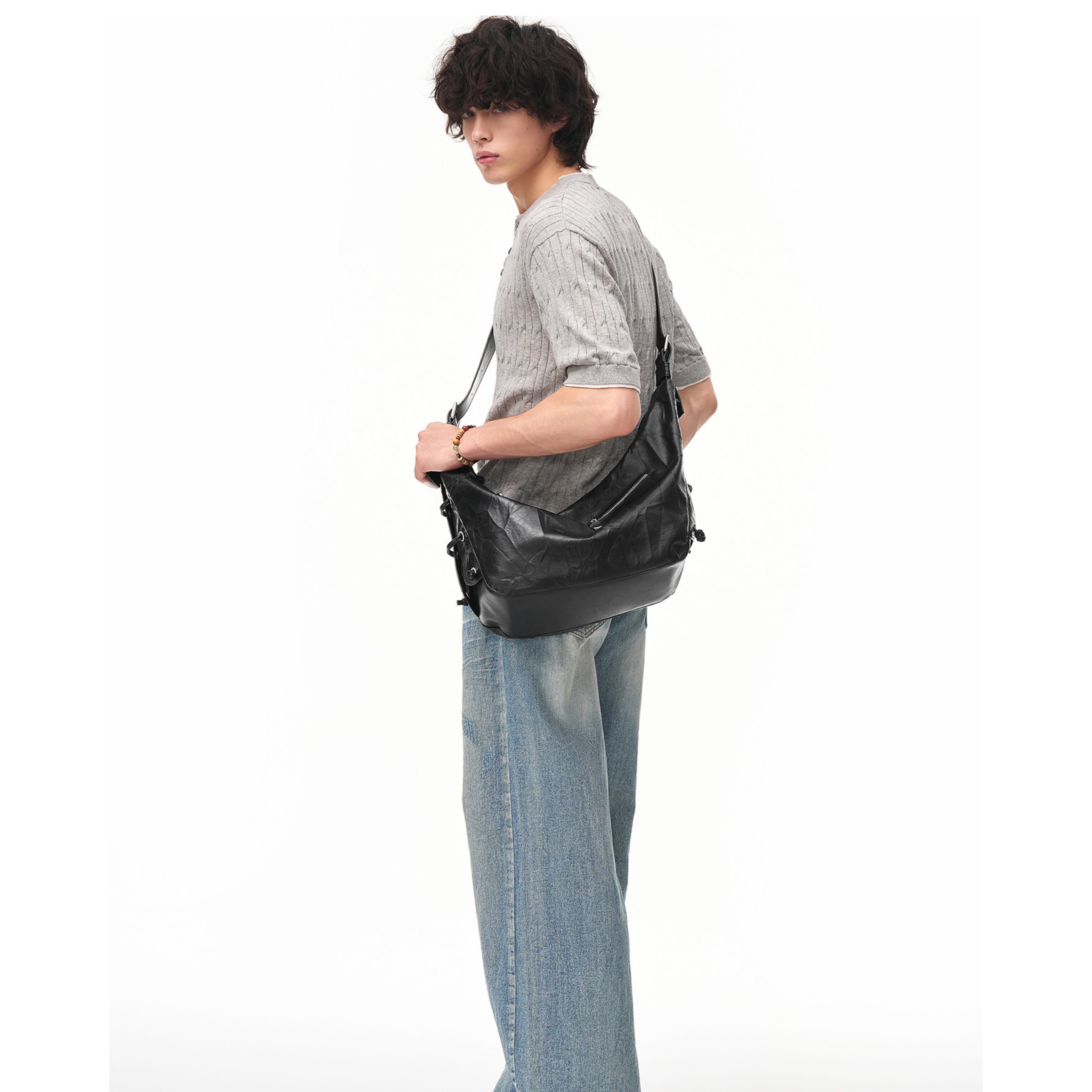 LACE-UP HOBO SHOULDER BAG