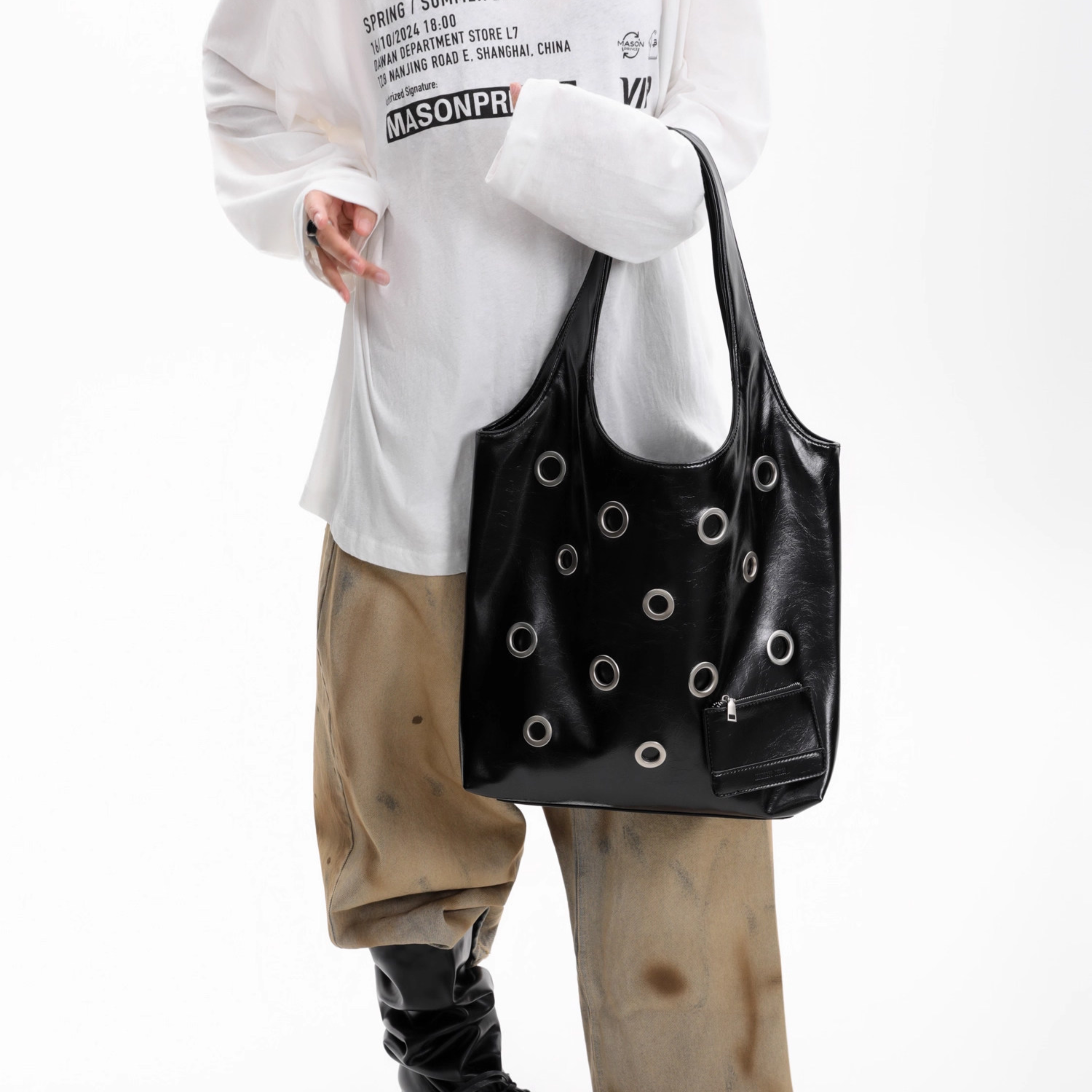 DISTRESSED EYELET TOTE BAG