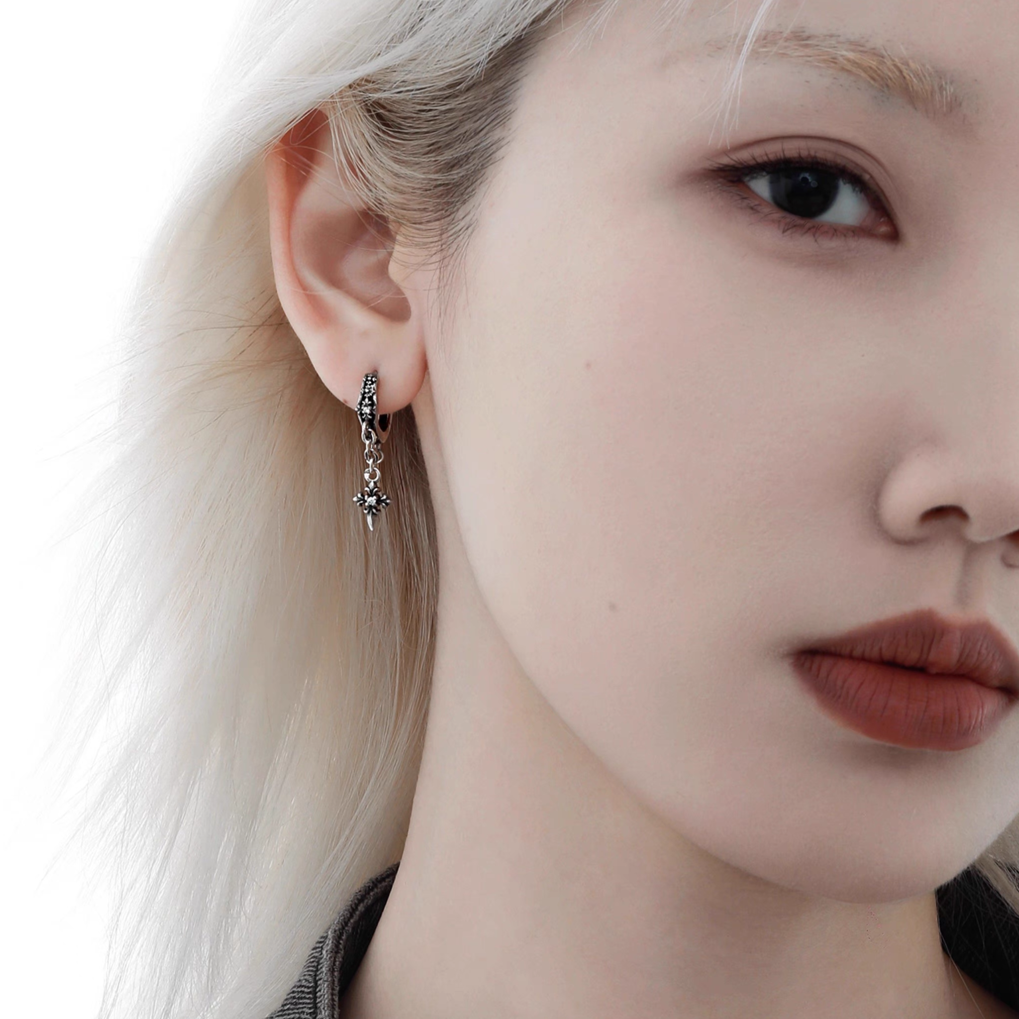 S925 CRUCIFIX DROP HOOPS PIERCE[SET ITEM]
